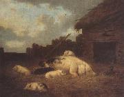 George Morland A Sow and Her Piglets in a Farmyard painting
